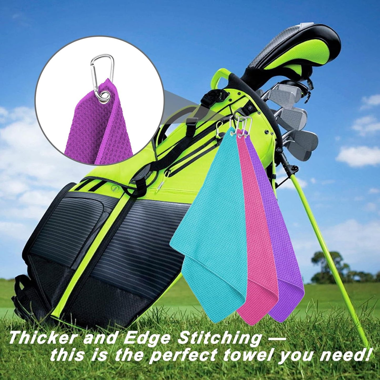 3 Pack Golf Towels, 16" x 16" Premium Microfiber Waffle-Pattern Golf Towel with Aluminum Carabiner Clip - Contains Golf Towels in 3 Colors of Pick, Purple and Cyan for Women's Golf Club Bag