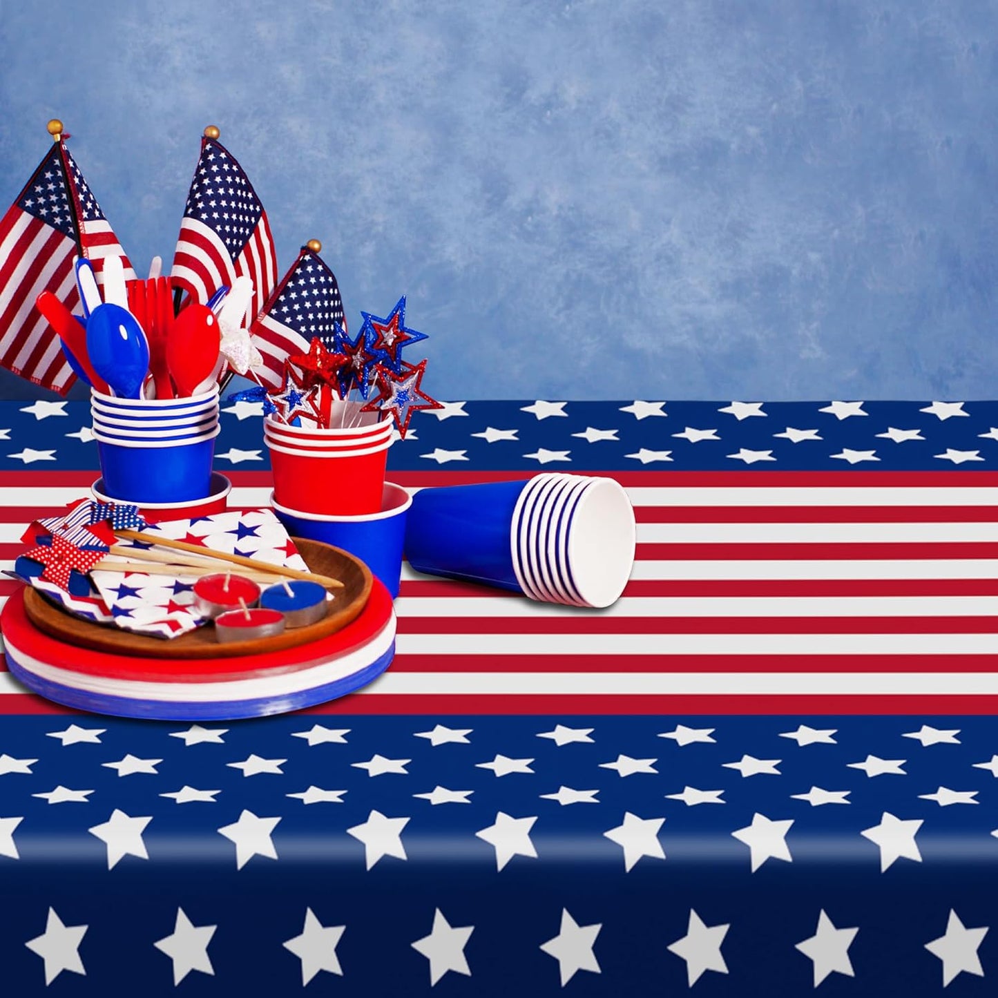 QZYL 6 Pack 4th of July Decorations, 54" x 108" USA Plastic Table Cover, Water Proof Fourth of July Tablecloth Patriotic Tablecloths, Red White Blue USA Decor Memorial Day Party Supplies
