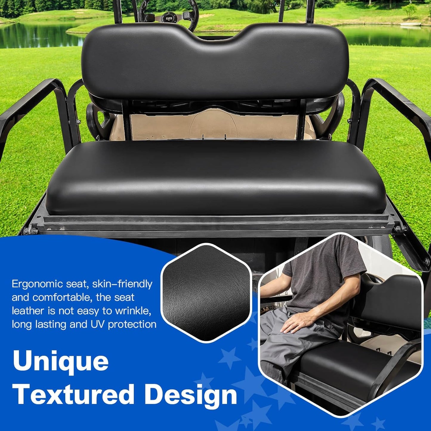 NOKINS Golf Cart Rear Seat Replacement Cushion, Universal Back Seat Cushions for Yamaha/EZGO TXT/RXV/Club Car Precedent/DS, Waterproof Vinyl Leather & Memory Foam, Black