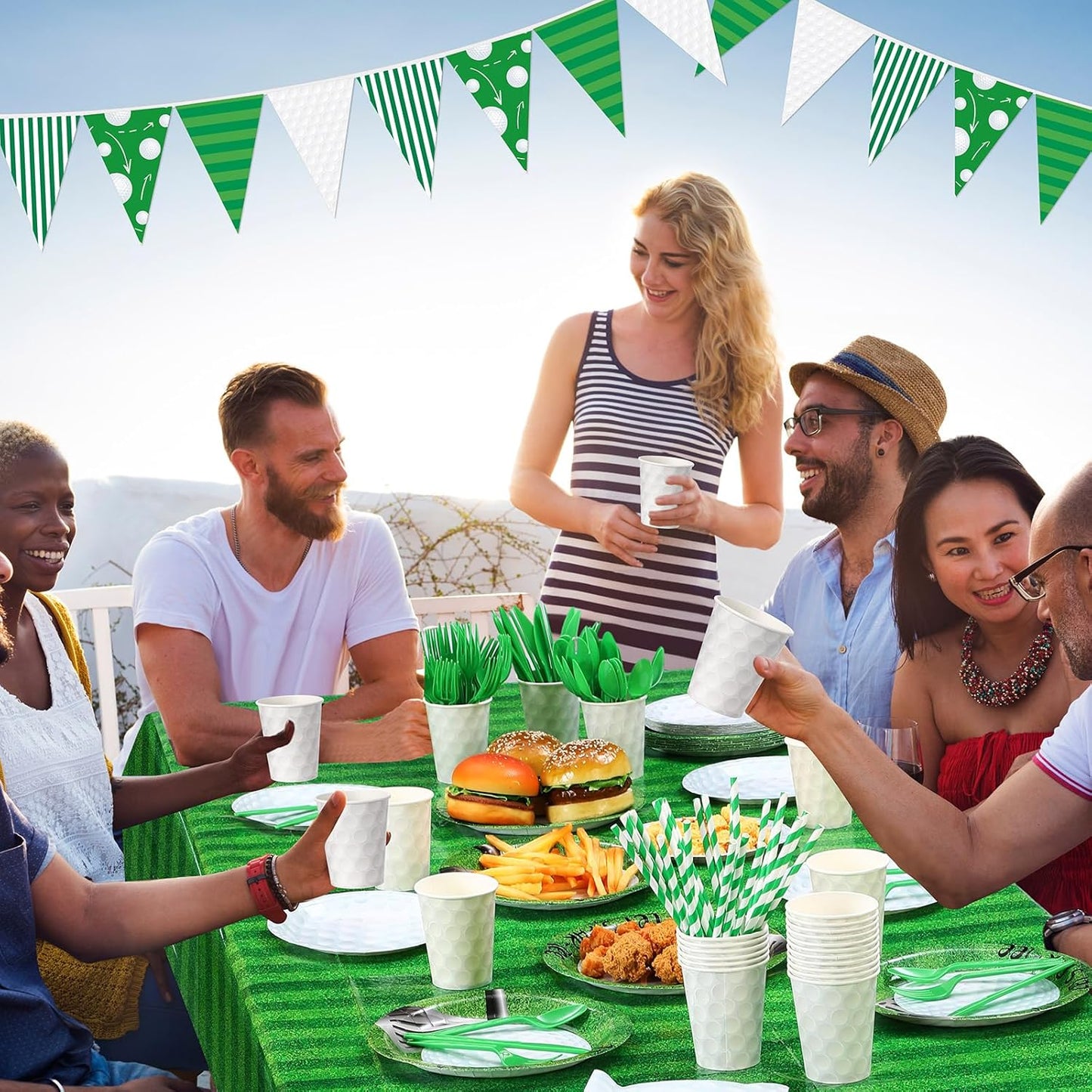 195 Pcs Golf Party Supplies 24 Guest Disposable Dinnerware with Golf Tablecloth 9" and 7" Paper Plates Cup Napkin Plastic Fork Knives Spoon and Banner for Golf Birthday Decorations