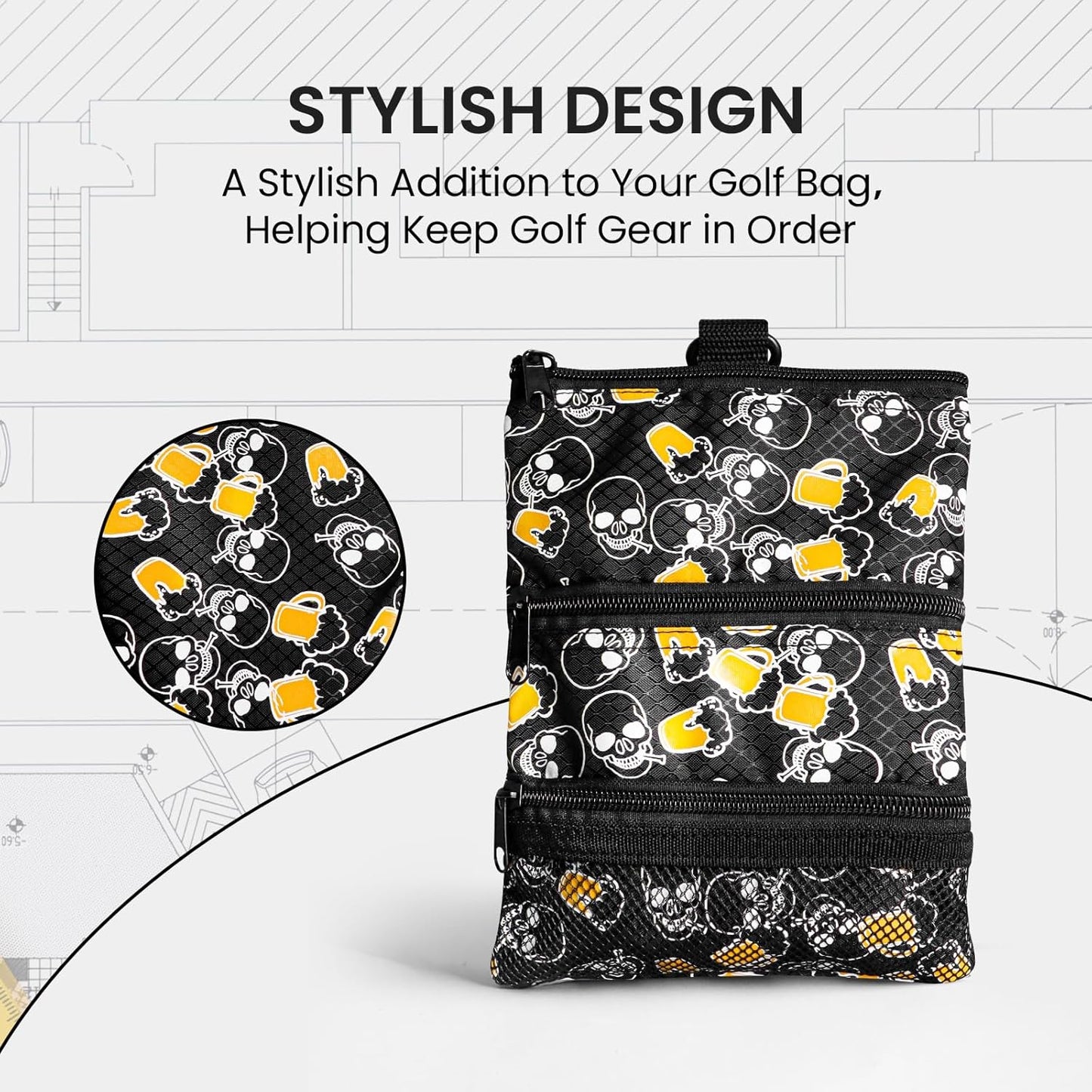 FINGER TEN Golf Pouch Bag for Valuables Tee Color with 4 Golf Pencil Pack, Zippered Pocket Gear Clip Hook to Bag