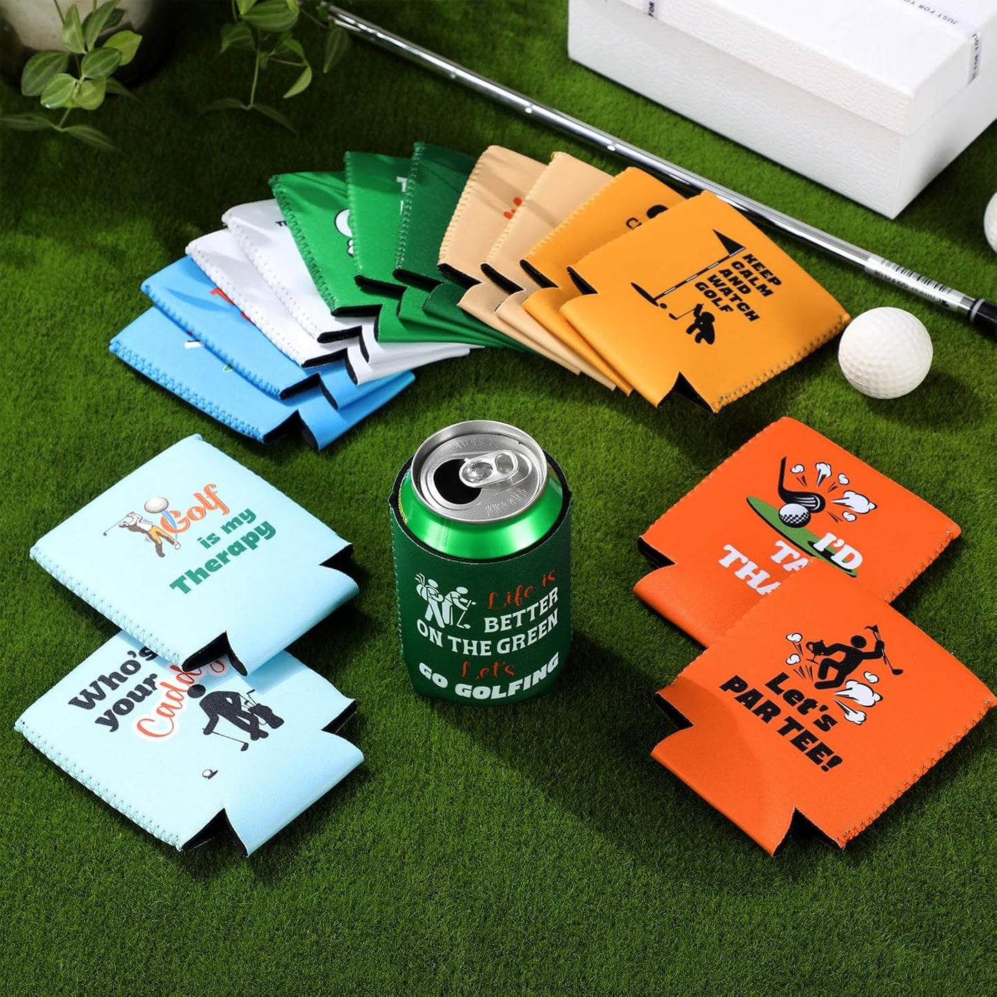 Domensi 16 Pcs Golf Gifts Funny Golf Party Themed Can Cooler Insulated Can Sleeve Bulk Golf Party Supplies for Golfer Game Outdoor Activities Decorations, 12 oz Can (Vibrant)