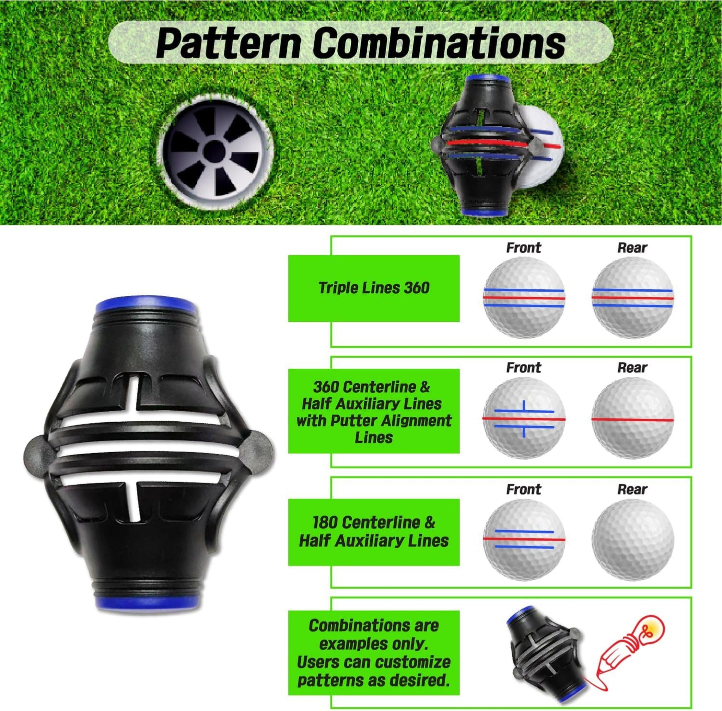 Putt Liner 360 Golf Ball Marker | 360 Degree Line Drawing Alignment Accessory Tool Identification Multicolor Triple Line Golf Gift Premium Quality