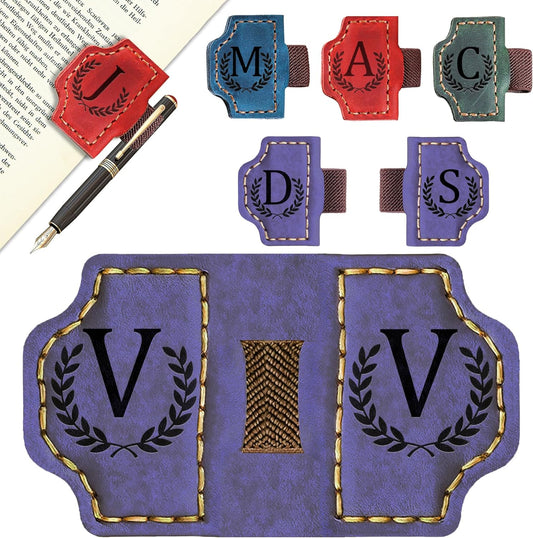 Bygone Mark Bookmark with Pen Holder, 26 Letters Name Initial Personalized Magnetic Bookmarks, Leather Book Mark for Men Women, Travelers Accessories, Teachers Readers Book Lovers Gifts (Purple, V)