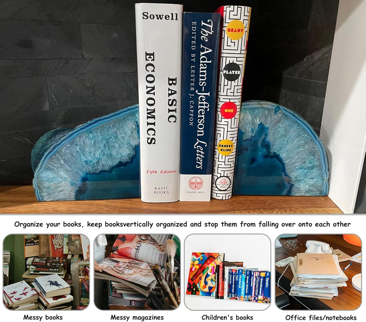 AMOYSTONE Teal Agate Bookends, Decorative Brazilian Crystal Quartz Book Stopper, 3-4 LBS with Non-Slip Mat, Perfect for Kitchen Cookbooks and Bookshelf Ends