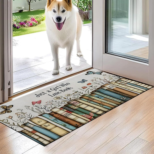 Just a Girl Who Loves Books Indoor Door Mat,Reader Floral and Butterfly Floor Doormat,17x29.5in,Non Woven Non Slip Rubber Backing Rug for Porch Insider,Kitchen,Doormats Gifts,Rv Camper Decor