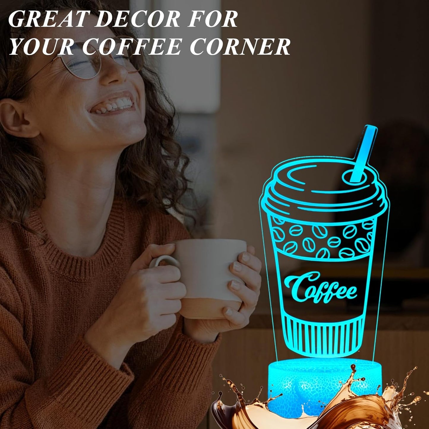 Coffee Gift, Coffee Cup Decor, 3D Illusion Night Light Lamp, 16 Colors Changing, Remote Control, Dimmable, Cafe Shop Room Decoration