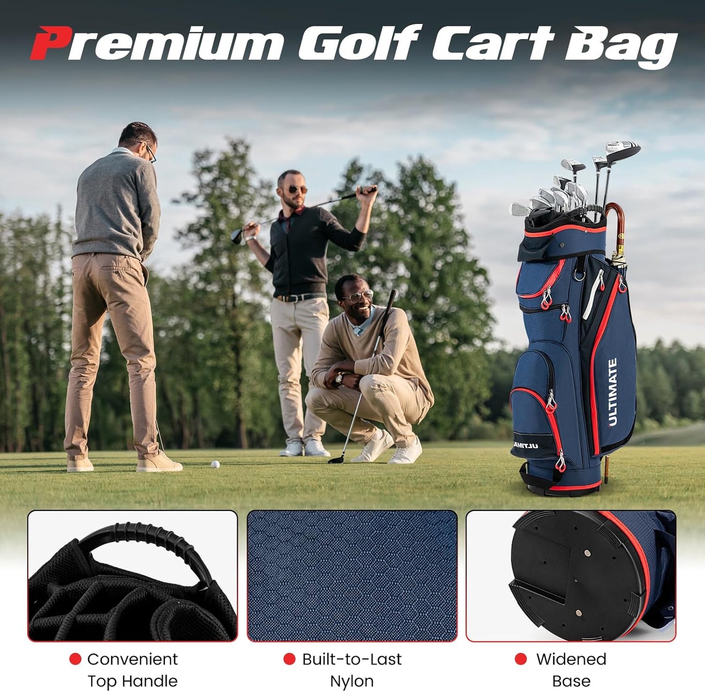 ULTIMATE Golf Cart Bag, 14 Way Top Dividers Golf Carry Bag w/Pockets & Umbrella Holder, Portable Golf Club Bag w/Soft Shoulder Strap & Rain Hood, Lightweight Golf Bag for Women & Men