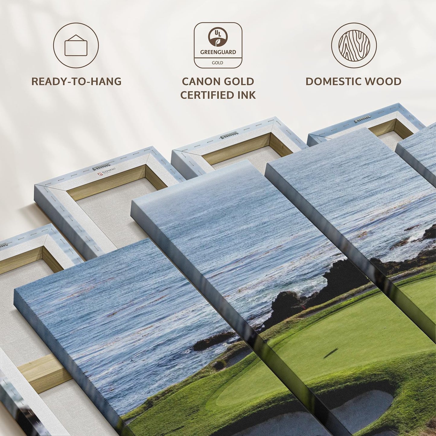 Elephant Stock Pebble Beach Golf Turf Wall Art - Horizontal Canvas - 4-Piece Hallway Wall Decor - Photographic Canvas Print - Brown and Blue Decor for Wall - 68" X 42"