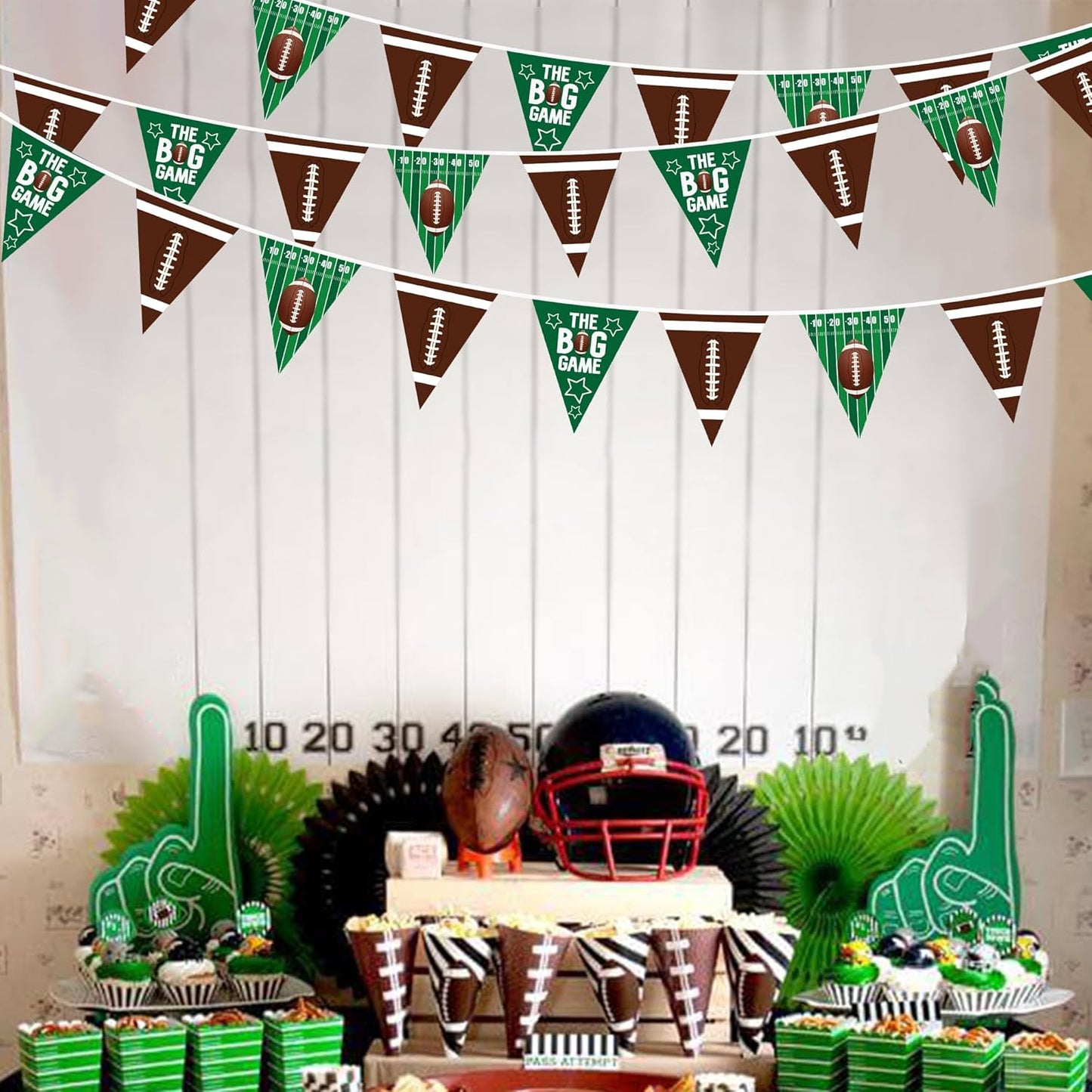 32Ft Football Pennant Banner - Green & Brown Triangle Flag Bunting Garland Streamers for Football Birthday, Baby Shower, Game Day & Sport Party Decor