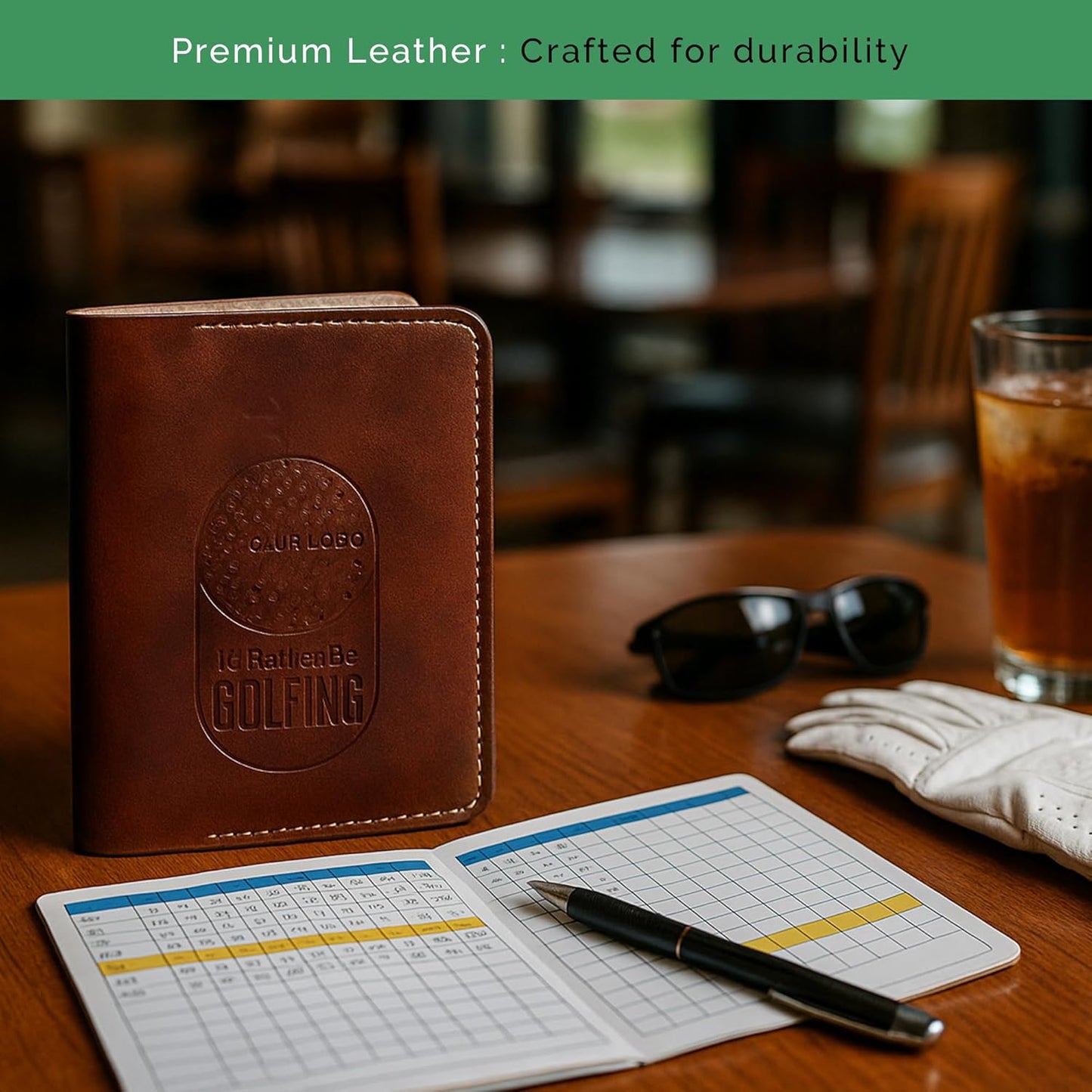 Refillable Golf Scorecard Holder–Full Grain Leather Golf Yardage Book Cover w/Golf Scorecard Book, Pencil Holder & Card Slot–Great Gift for Golfers-Unique Golf Gifts for Men & Women(Pen not included)