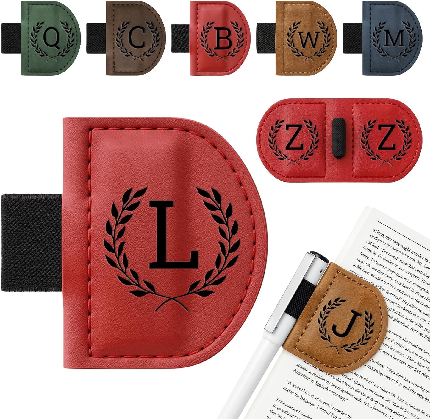 Personalized Bygone Mark Bookmark with Pen Holder,Engraving Leather Magnetic Bookmarks Vintage 26 Letters Name Initials Text Book Marker Clips Gifts for Reading Book Lovers Women (Red, L)