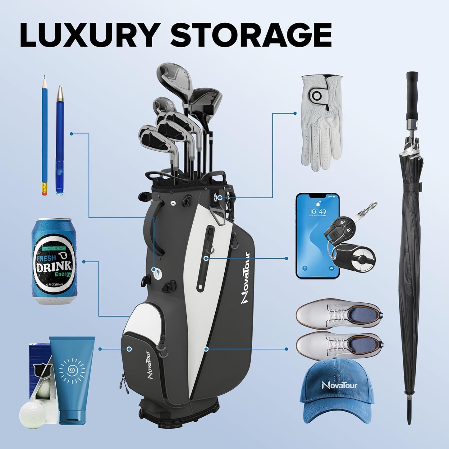 Golf Stand Bag - Lightweight Golf Bag with Stand and 7 Way Dividers, Dual Strap, Waterproof Pocket, Insulated Sleeve, Easy-Lift Handles and Swing-Cam Holder