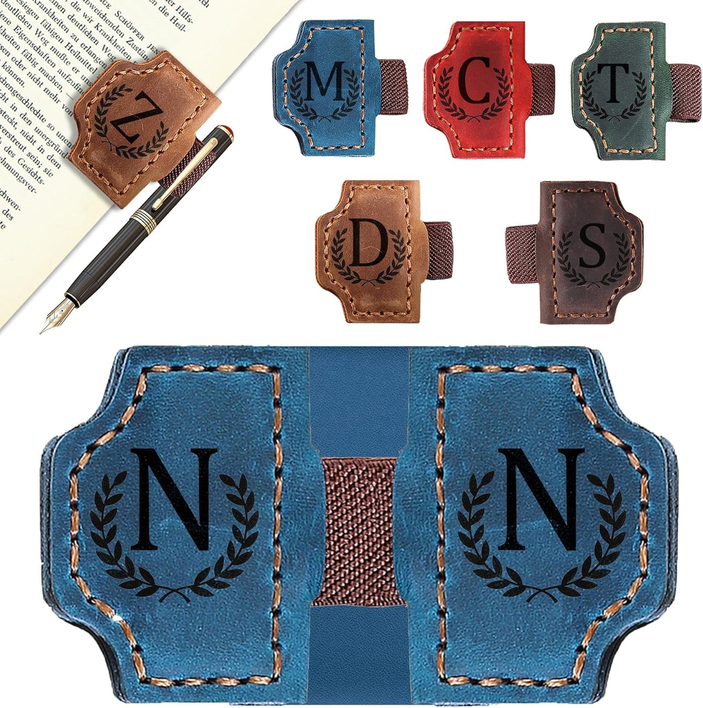 Bygone Mark Bookmark with Pen Holder, 26 Letters Name Initial Personalized Magnetic Bookmarks, Leather Book Mark for Men Women, Travelers Accessories, Teachers Readers Book Lovers Gifts (Blue, N)