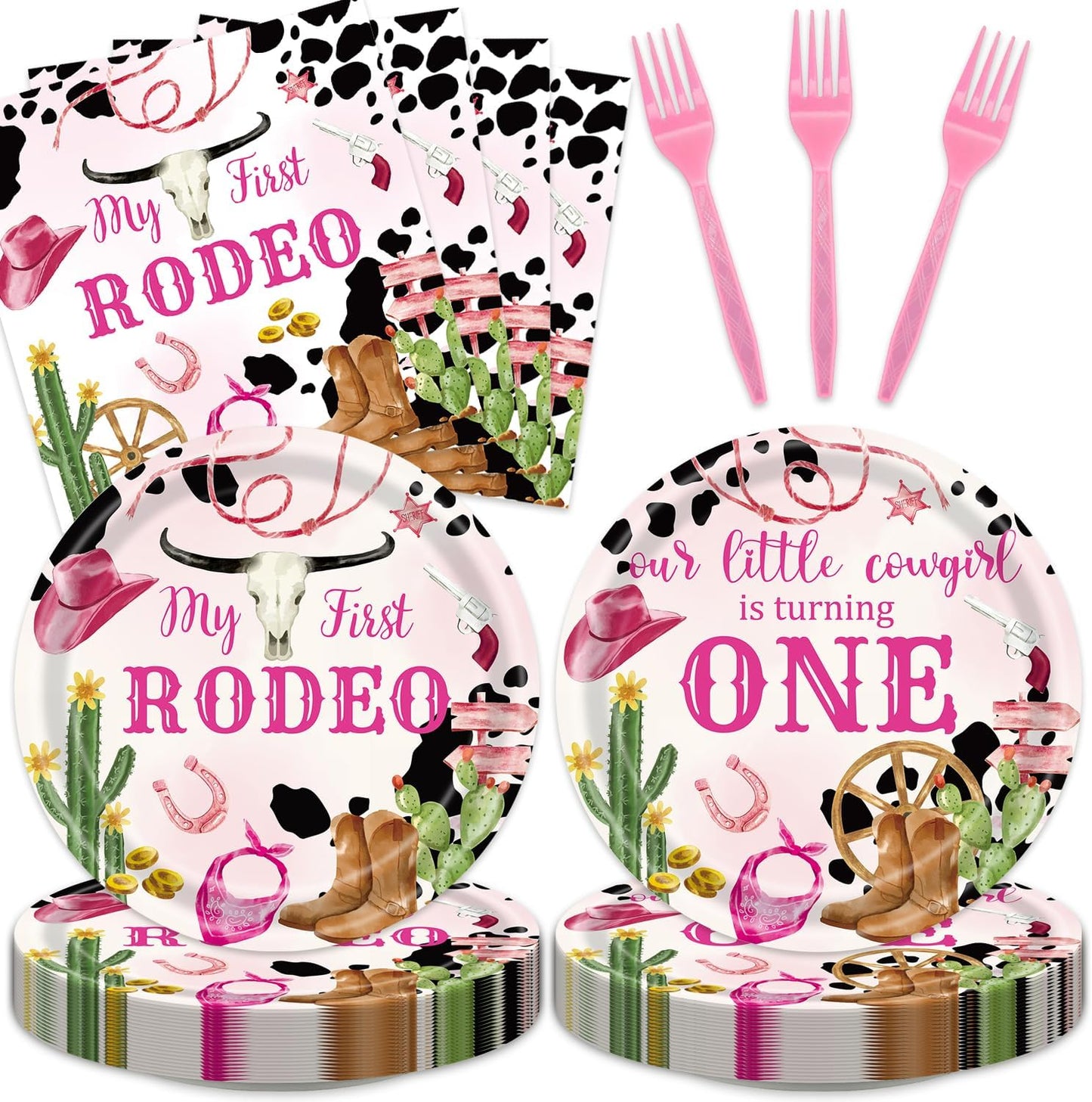 48Pcs My First Rodeo Decorations Girl Western Cowgirl Party Supplies Disposable Pink Cowgirl 1st Birthday Plates Napkins Forks Serves 16 Cowgirl Birthday Party Decorations