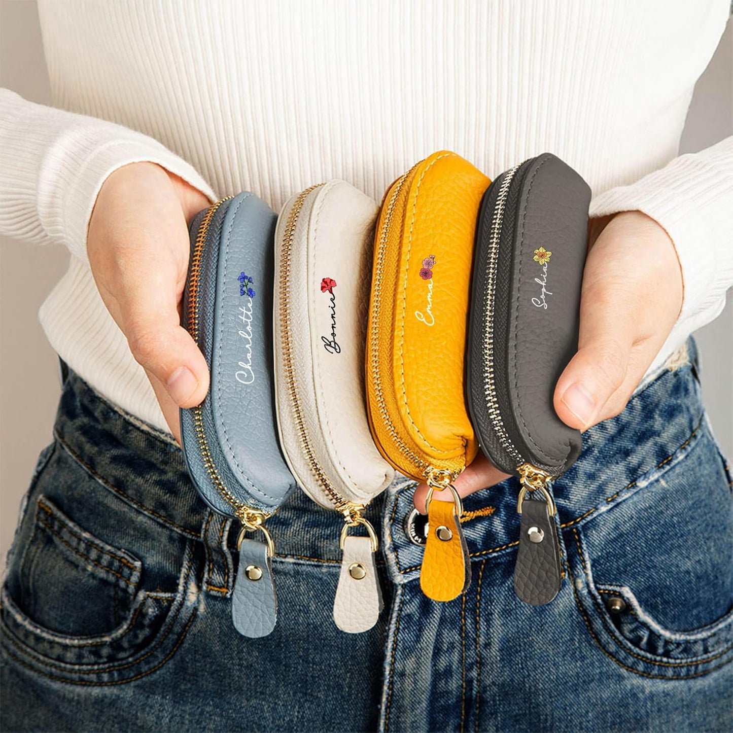 Personalized Birth Flower Multicolor Mini PU Leather Coin Purse Zipper Small Coin Change Pouch Makeup Bag with Name Travel Essential Birthday Gift for Women