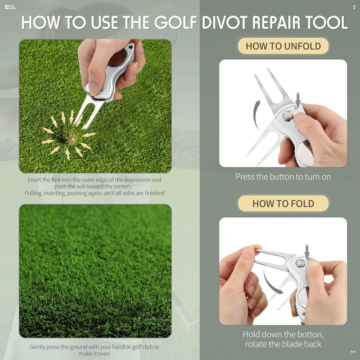 Skylety 4 Pcs Golf Divot Repair Tool Metal Foldable Golf Divot Tool with Magnetic Pop-up Button Ball Marker Stainless Steel Switchblade for Golfers Prizes