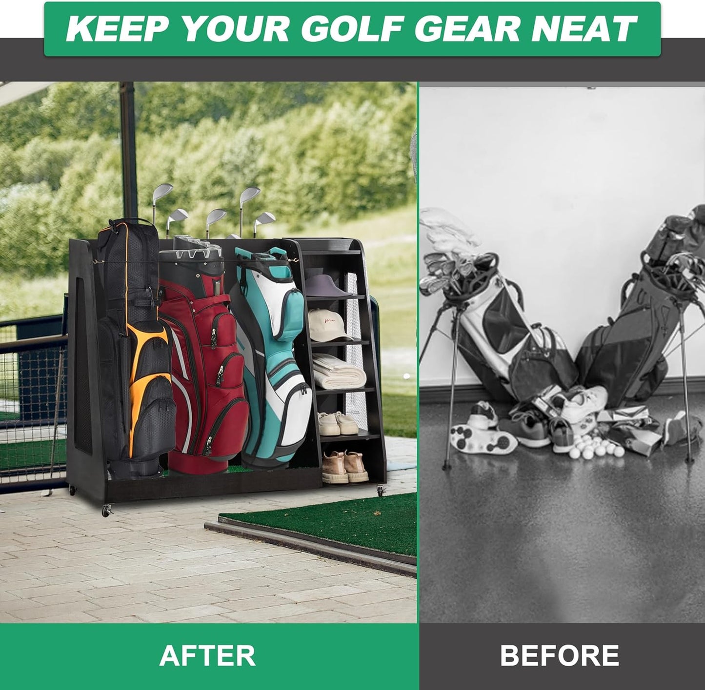 Advanced Wooden Golf Bag Organizer and Storage Rack - can Accommodate 3 Golf Bags and 3-5 Golf Clubs/Hockey Sticks, Golf Balls, Inside and Outside The Garage shed Basement