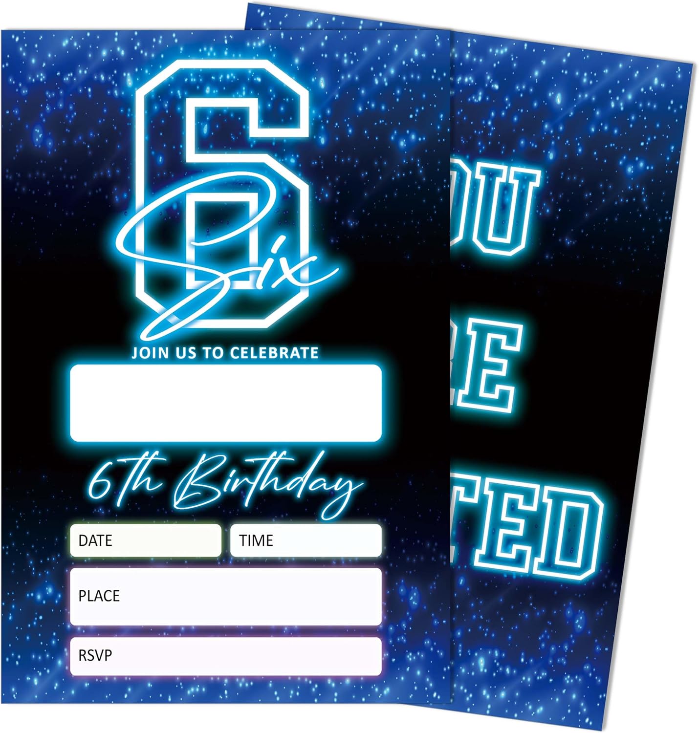 SIXEIGHT Blue 6th Birthday Party Invitations for Boys, Glow Neon Birthday Invitations, 20 Double Sided Invite Cards with Envelopes for Kids Girls, Party Decorations Supplies, 4"x6"-C06