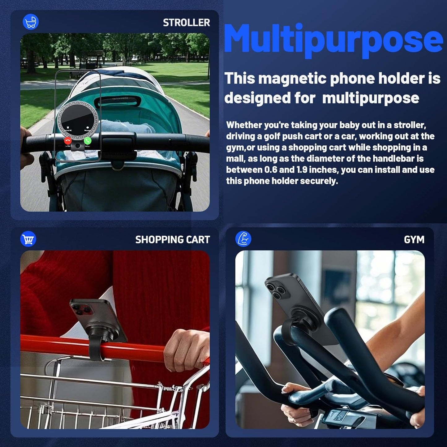 Magnetic Golf Push Cart Phone Holder with Secure Strap,Stroller Phone Holder for MagSafe iPhone 17 16 15 14 13 12 Pro Max Plus-Strong Magnet Handlebar Mount for Treadmill,Shopping Cart,Peloton Bike