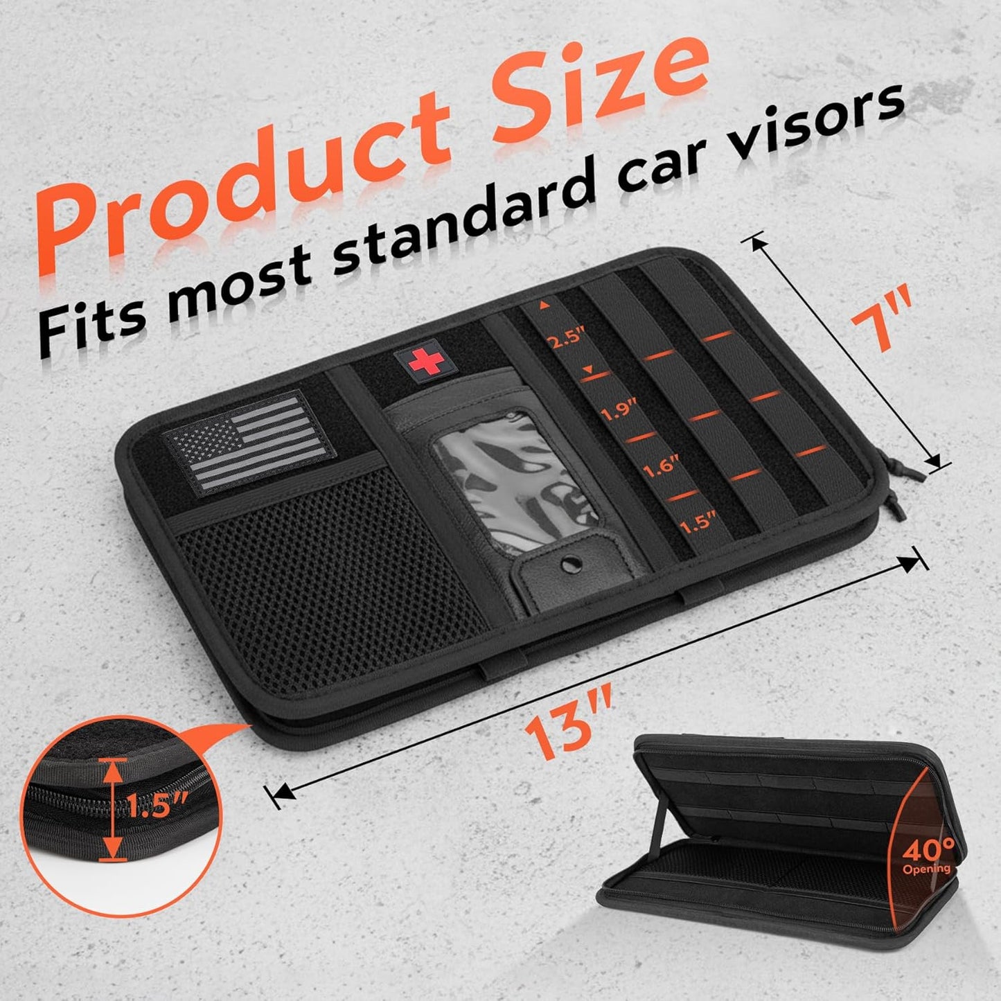 Molle Car Sun Visor Organizer, Tactical Car Accessories with Zipper Visor Storage Pouch, Glasses Clip & ID Card, Hard Molle Panel Sunvisor Organizer Fits Most Vehicles, SUVs, Trucks, Jeeps, Black