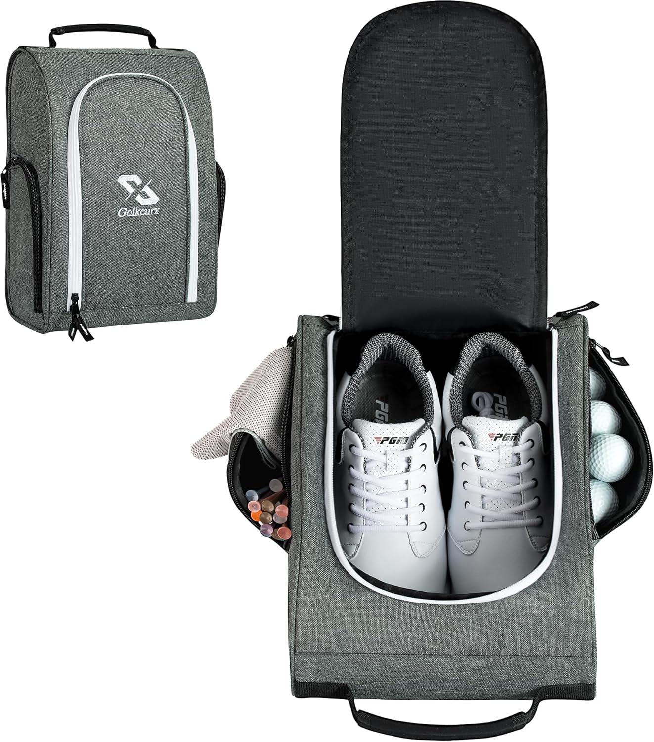Golkcurx Golf Shoe Bag for Travel Zippered Sport Shoe Carrier Bags with Side Accessory Pockets for Socks, Tees, Golf Balls（Grey）