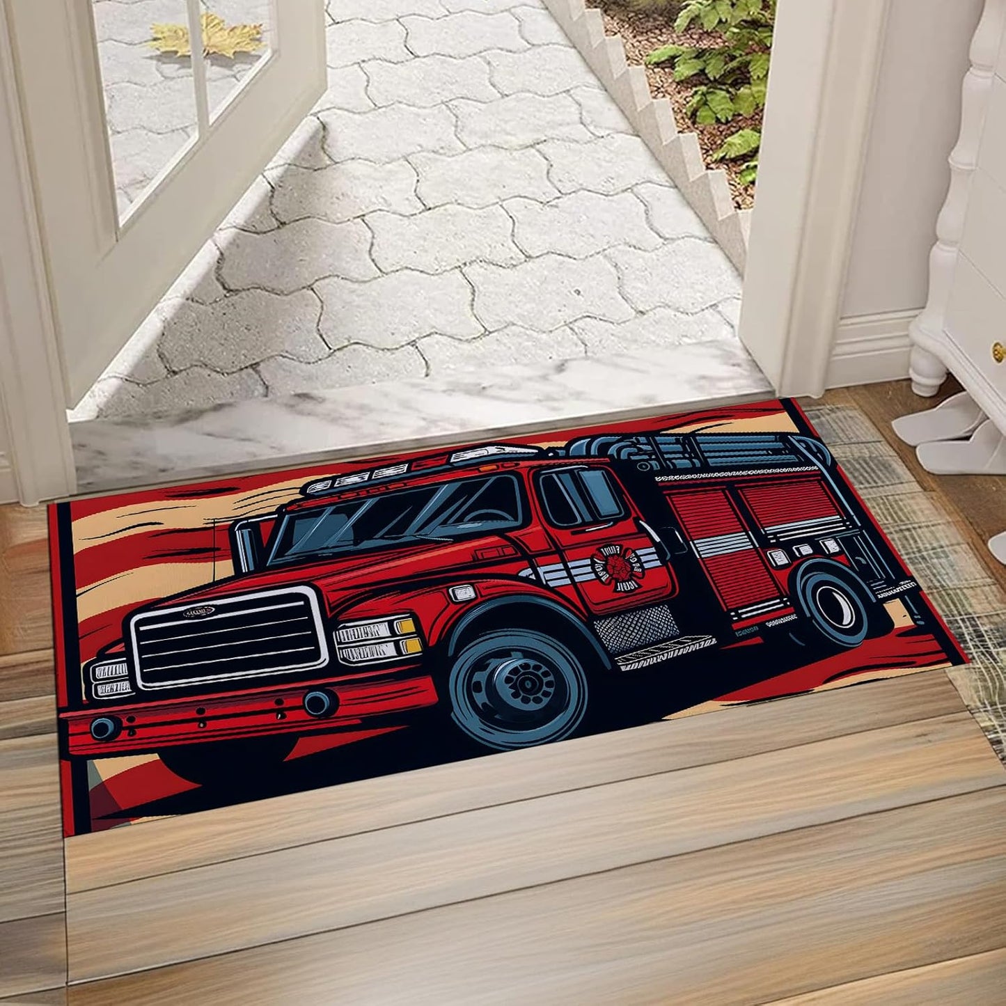 American Flag Fire Truck Indoor Door Mat,Front Door Mat Entrance,17x29.5 in,Non-Woven Fabrics Non Slip Floor Doormat,Welcome Mats Entryway Rug Doormats for Kitchen Bedroom Living Room Decor Gifts