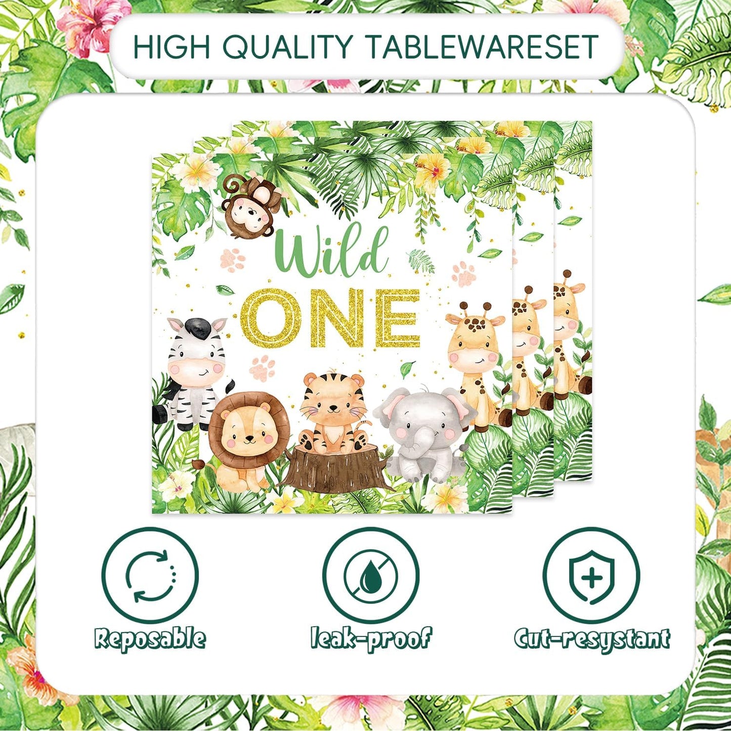 48Pcs Wild One Birthday Decorations Disposable Jungle Safari Plates and Napkins Forks Supplies Serves 16 1st Birthday Decorations Girl Boy