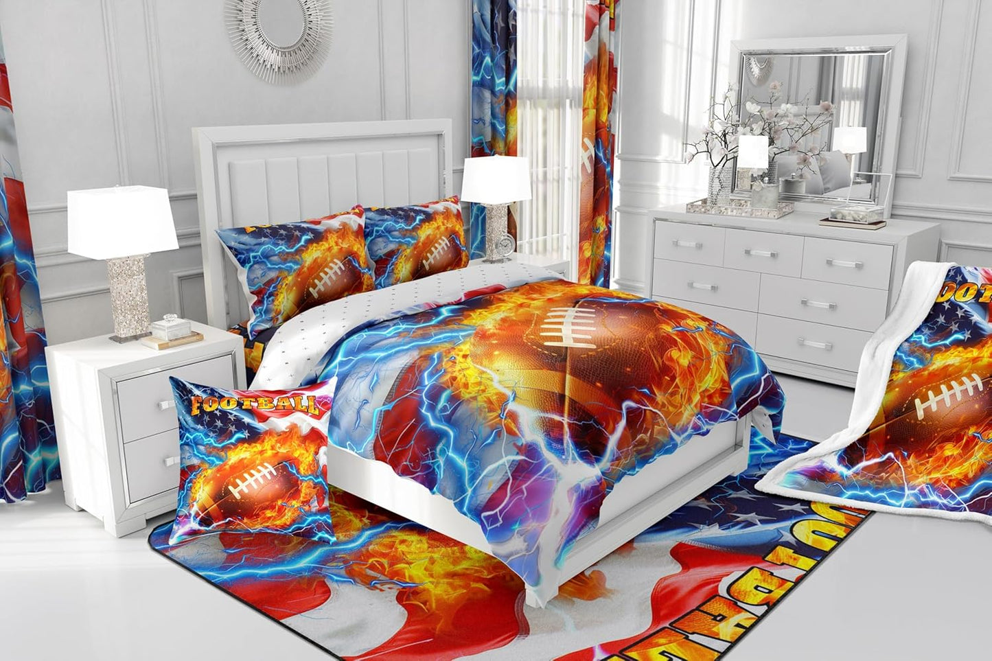 Feelyou 3D Football Polyester Bath Rug American Flag Soft Fleece Door Carpet for Kids Boys Girls Fire Ball Games Sports Non Slip Bath Mat Retro USA Flag Bathroom Floor Indoor Doormat,20x32 Inch