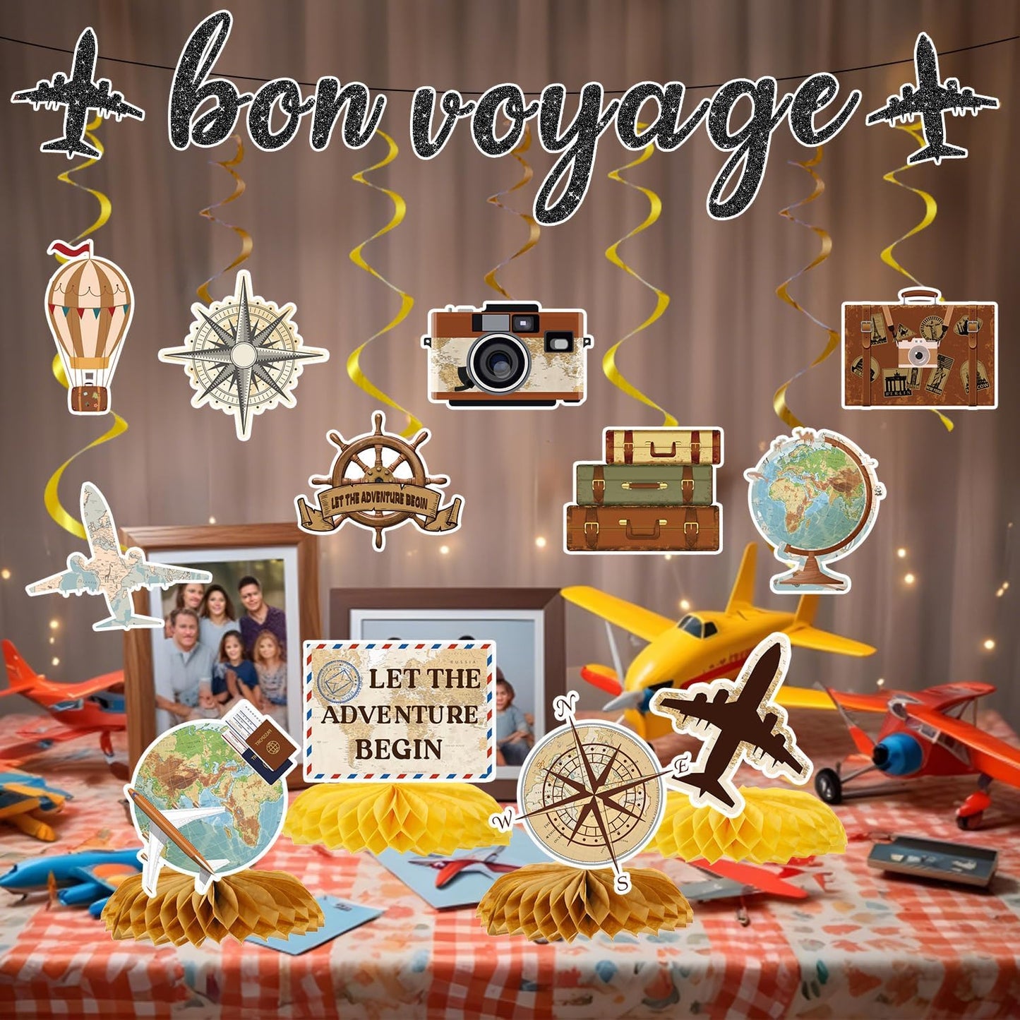 Bon Voyage Party Decorations - 13PCS Travel Themed Party Decorations Glitter Bon Voyage Banner Hanging Swirls Let the Adventure Begin Honeycomb Centerpieces Decor Going Away Party Supplies