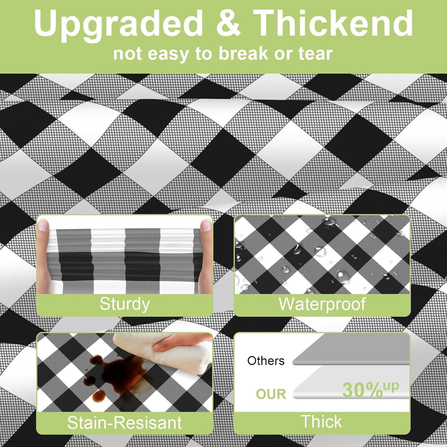 QIKSION Black Gingham Tablecloth Disposable 2 Pack, 54 x 108 Inch Black and White Checkered Table Cloth for Rectangle Tables, Plastic Table Cover