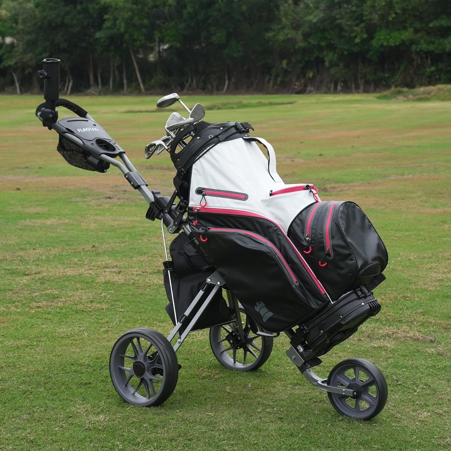 Golf Push Cart 3 Wheel, Folding Golf Cart with Foot Brake,Cooler Bag, Umbrella Holder, Cup Holder, Storage Compartment