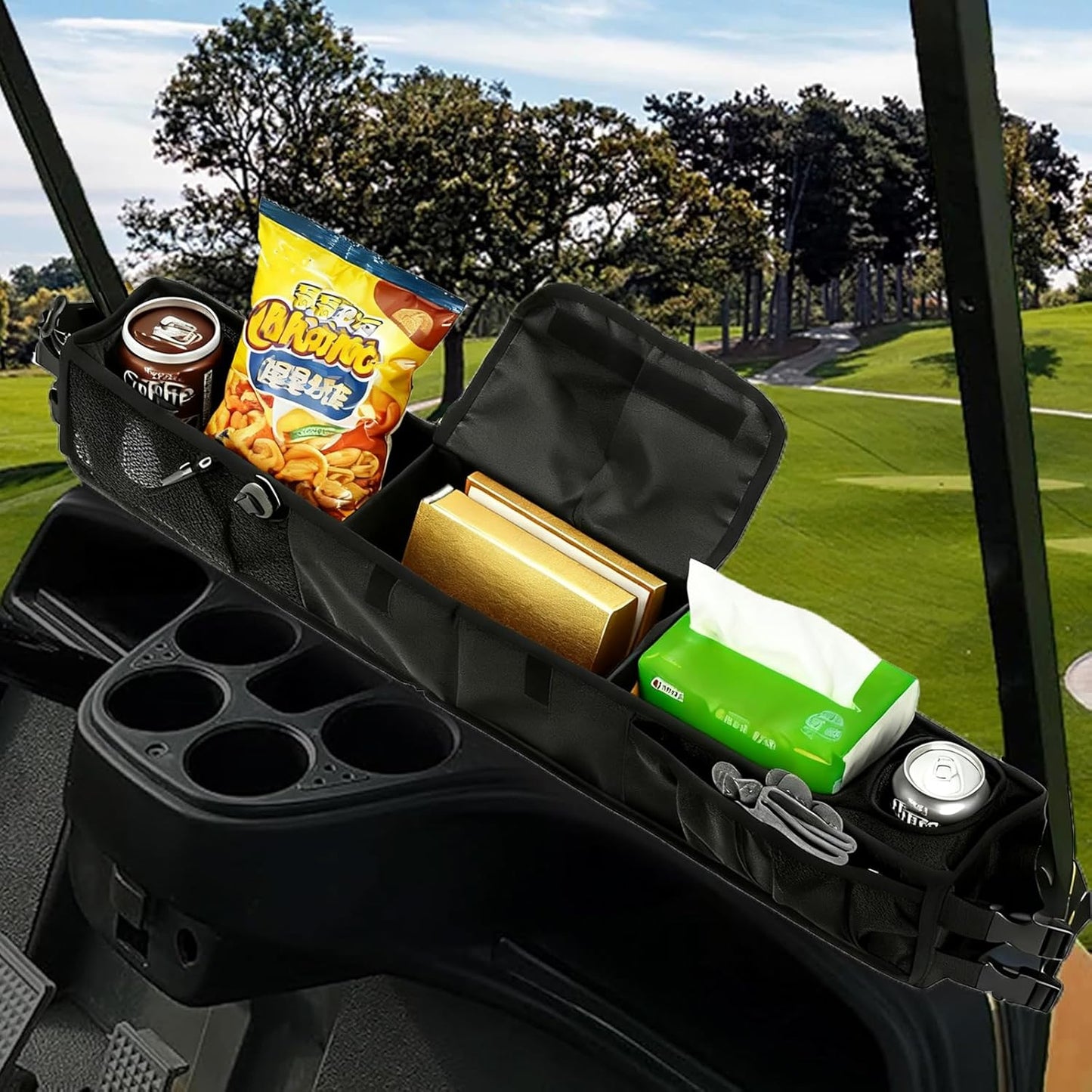 Golf Cart Storage Organizer,Golf cart Dash Storage， No-Drilling Dash Tray Organizer Compatible with EZGO, Club Car, Kandi Electirc Golf Cart, Golf Cart Front Storage Basket with Insulated Cup Holders