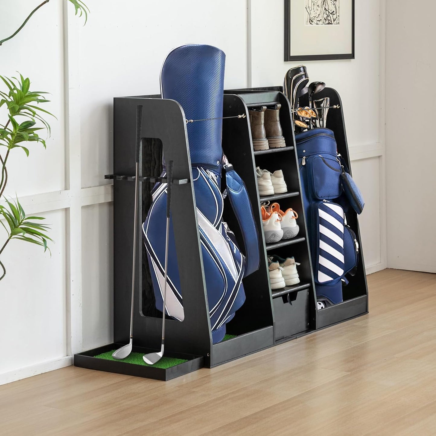 Advanced Wooden Golf Bag Organizer and Storage Rack - can Accommodate 3 Golf Bags and 3-5 Golf Clubs/Hockey Sticks, Golf Balls, Inside and Outside The Garage shed Basement