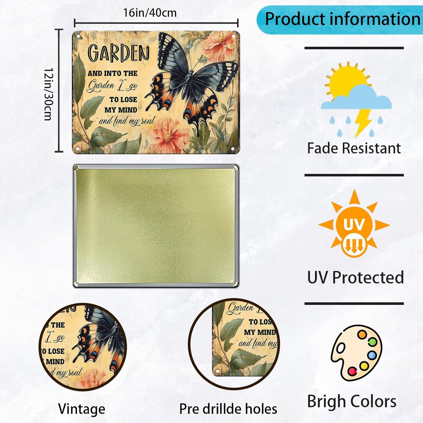 Funny Garden Metal Sign And Into The Garden I Go To Lose My Mind and Find My Soul Butterfly Poster for Farmhouse Home Kitchen 12x16 Inch