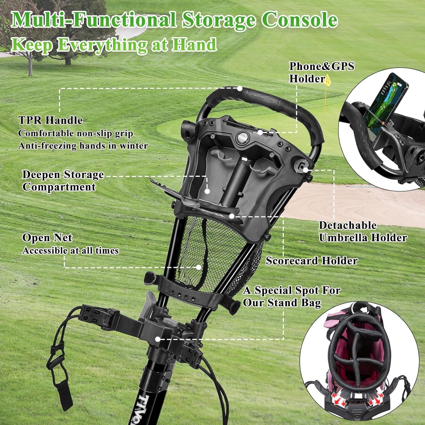 Tivor Lightweight Golf Push cart 3 Wheel,Foldable Golf Trolley for Adults and Junior with Ergonomic Adjustable Handle, Scorecard Holder, Umbrella Mount, Foot Brake, All-Terrain Wheels