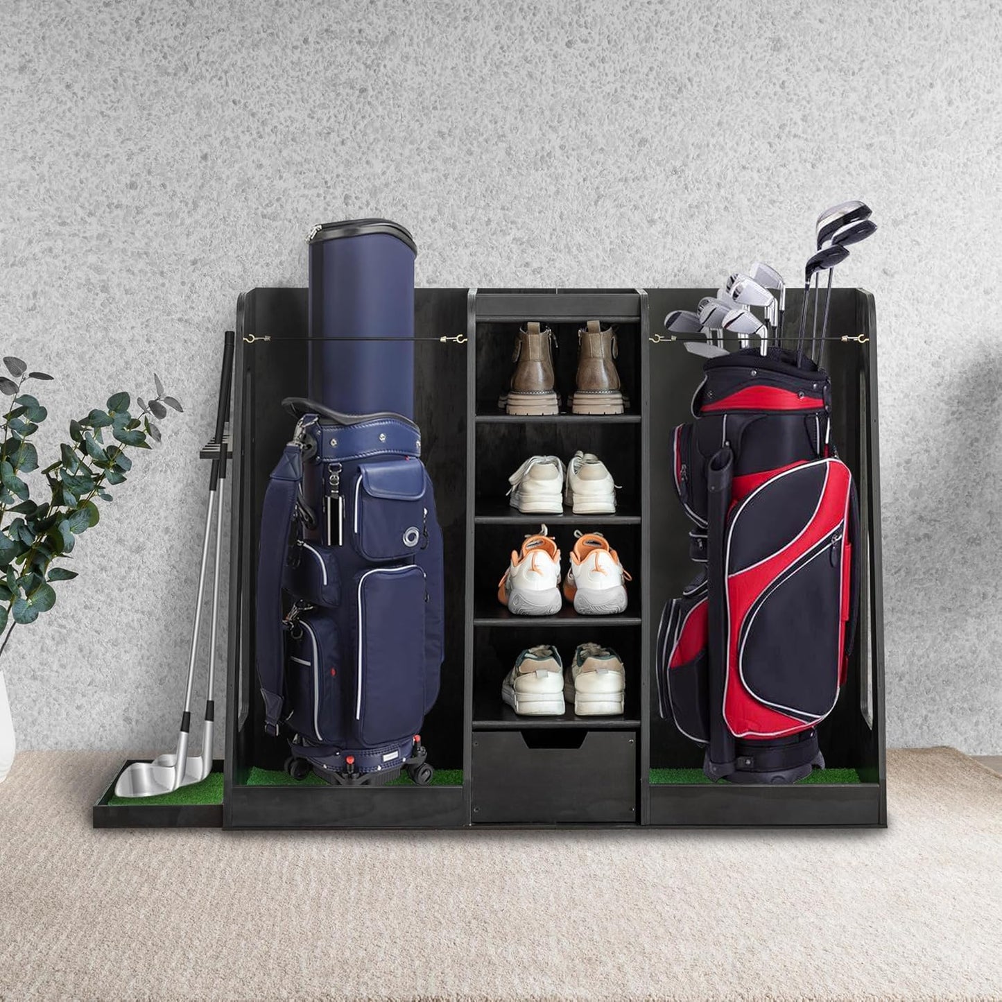 Wooden Golf Bag Organizer and Storage Rack, Wooden 2 Golf Bag Rack with Drawers, Easy to Assemble Golf Club Holder/Stand with Club Holders on Side