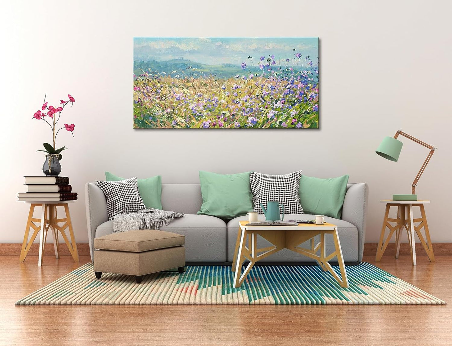 Rustic Wildflower Wall Art Farmhouse Colorful Floral Scenery Picture for Living Room Watercolor Daisy Flower Botanical Landscape Prints Nature Painting Bedroom Bathroom Home Decorations 48"x24"