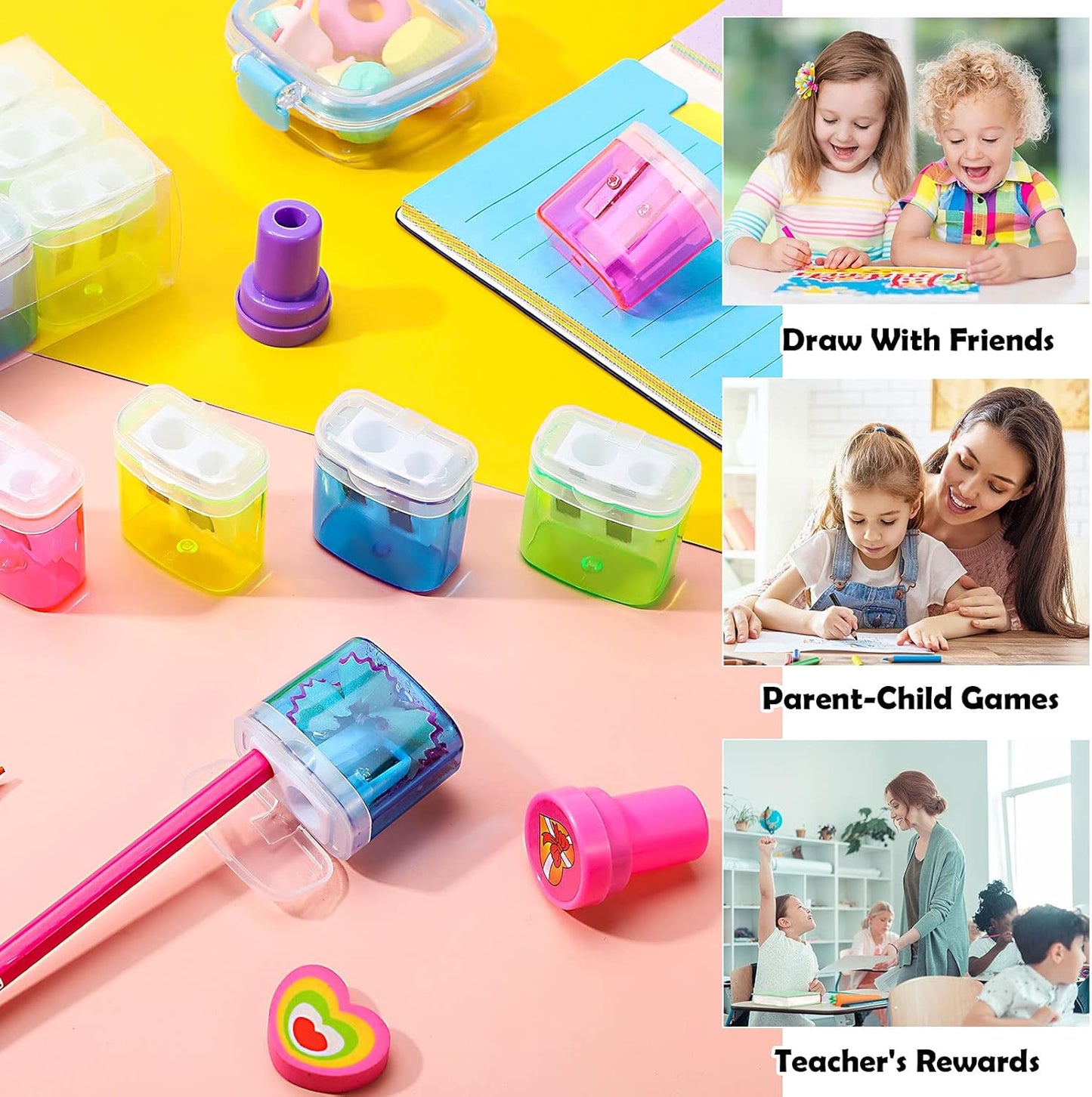 Teling 180 Pcs Manual Pencil Sharpeners Bulk Handheld Dual Holes Pencil Sharpeners for Kids Colorful Portable Compact Sharpener with Lid for Students School Class Home Office Supply