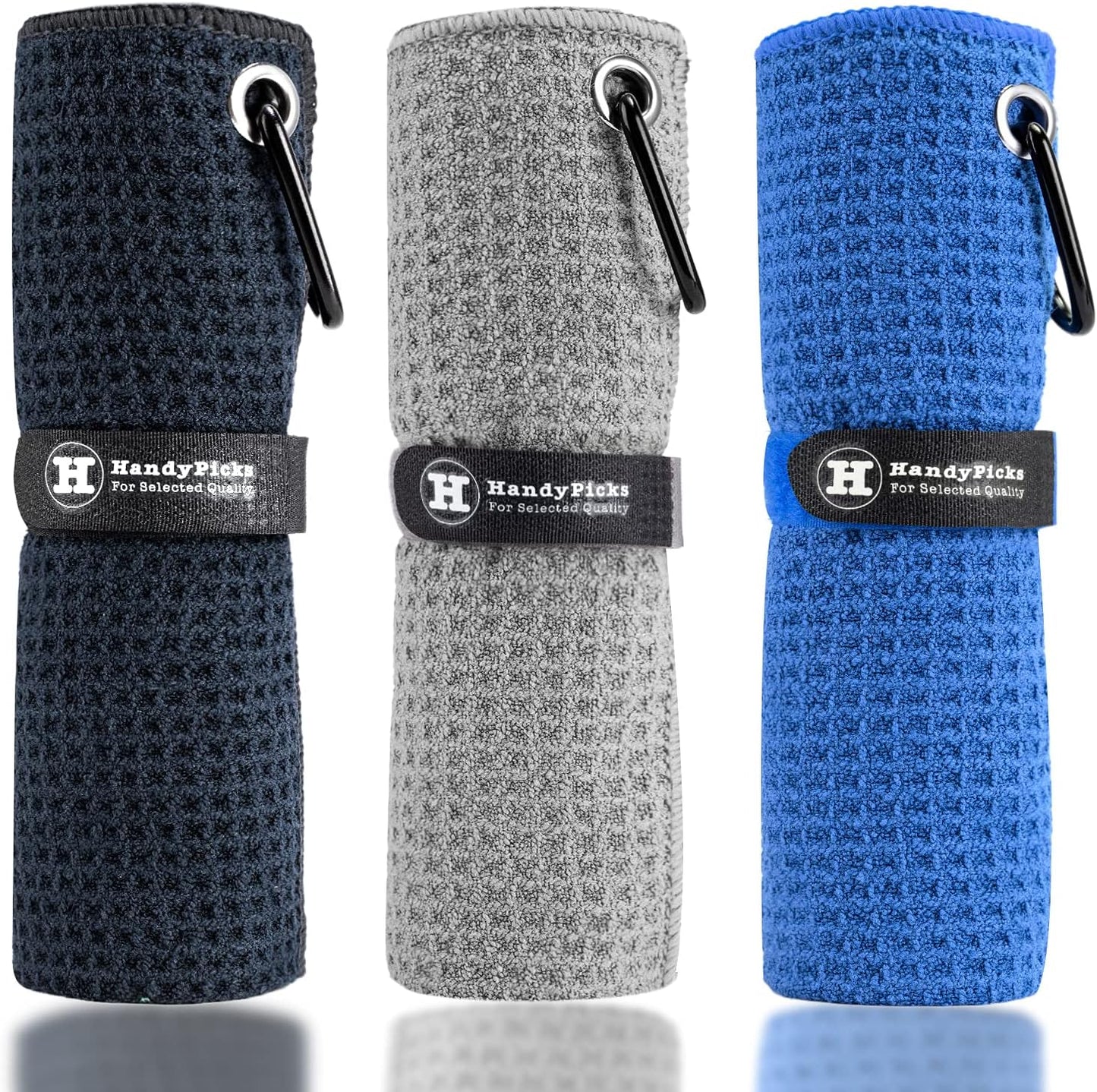 Handy Picks Microfiber Golf Towel (16" X 16") with Carabiner Clip, Waffle Pattern Golf Towel Hook and Loop Fastener - The Convenient Golf Cleaning Towel