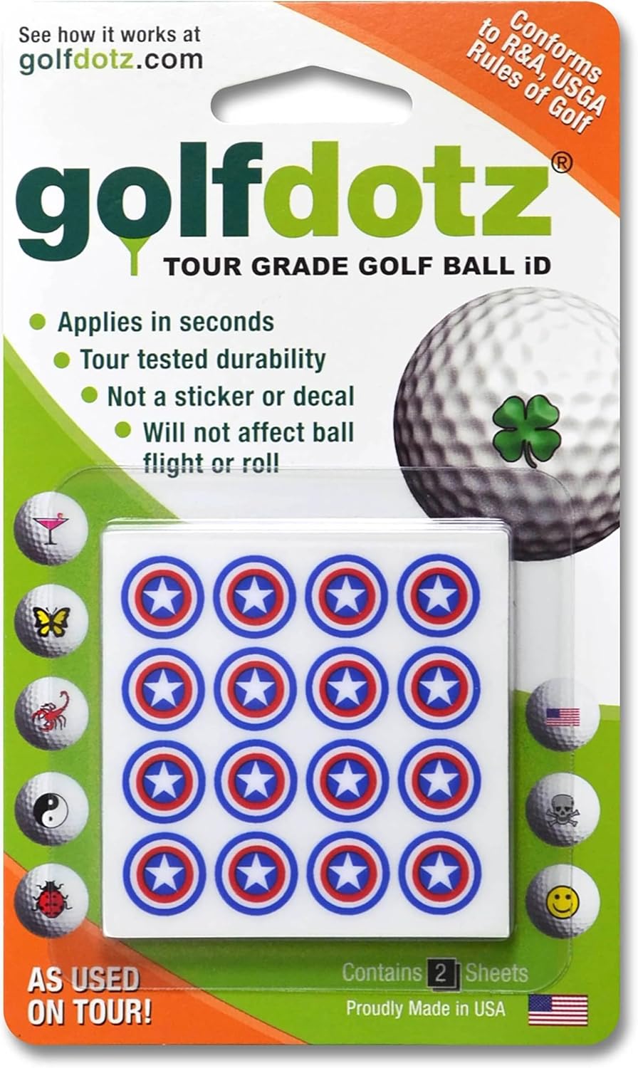 Golfdotz - USGA Rule Conforming Novelty Golf Ball Markers, Golf Ball Stickers for Marking Balls, No More Smearing from Stamps, Gifts for Golfers, Dads, and Retirees, (USA Collection; 32-Count)