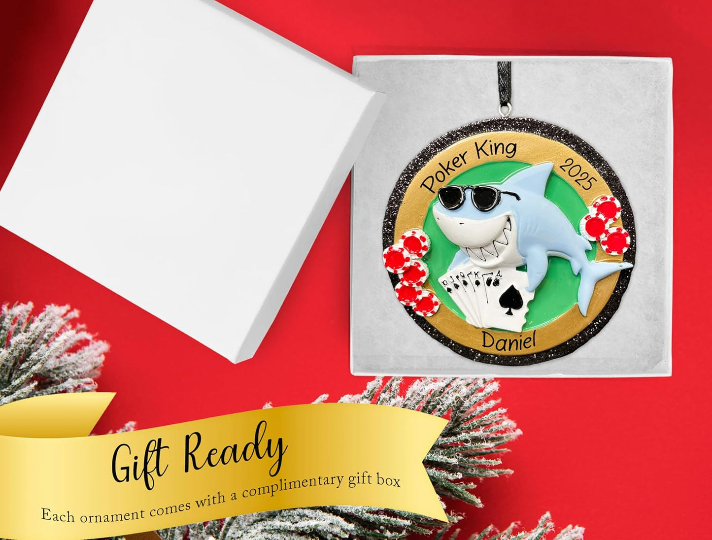 Personalized Poker Shark Christmas Ornament 2025 | Jaws Card Game Royal Flush Xmas Tree Decoration | Unique Las Vegas Casino Texas Hold Em Gambling Keepsake Gift - Custom Name & Year