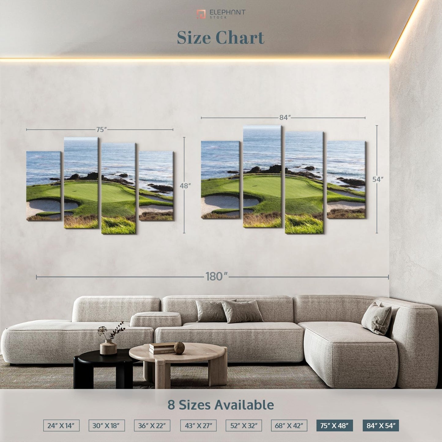 Elephant Stock Pebble Beach Golf Turf Wall Art - Horizontal Canvas - 4-Piece Hallway Wall Decor - Photographic Canvas Print - Brown and Blue Decor for Wall - 84" X 54"