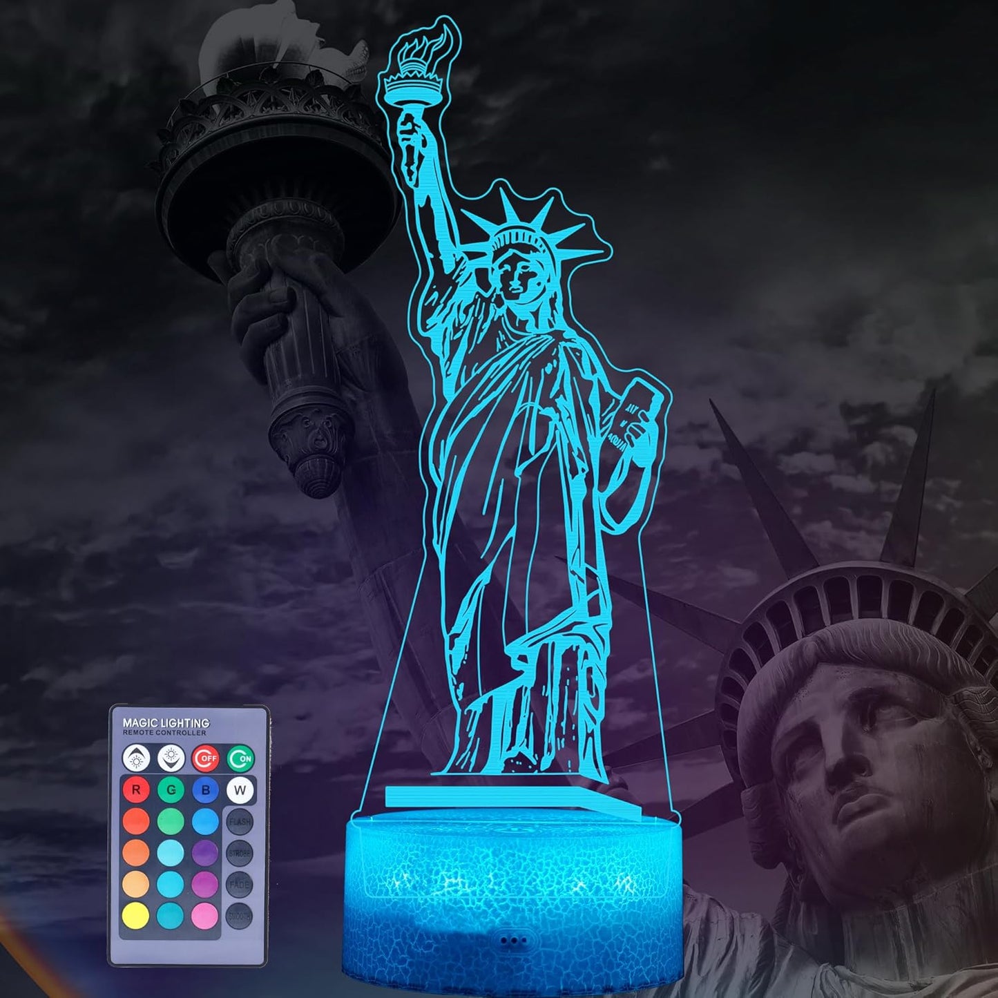 Statue of Liberty Night Light, 3D Illusion Lamp with 16 Colors Changing, Timer, 4 Flash Modes and Dimmable, Kids Boys Girls Room Decor, Holiday Xmas World Landmark Building Gifts