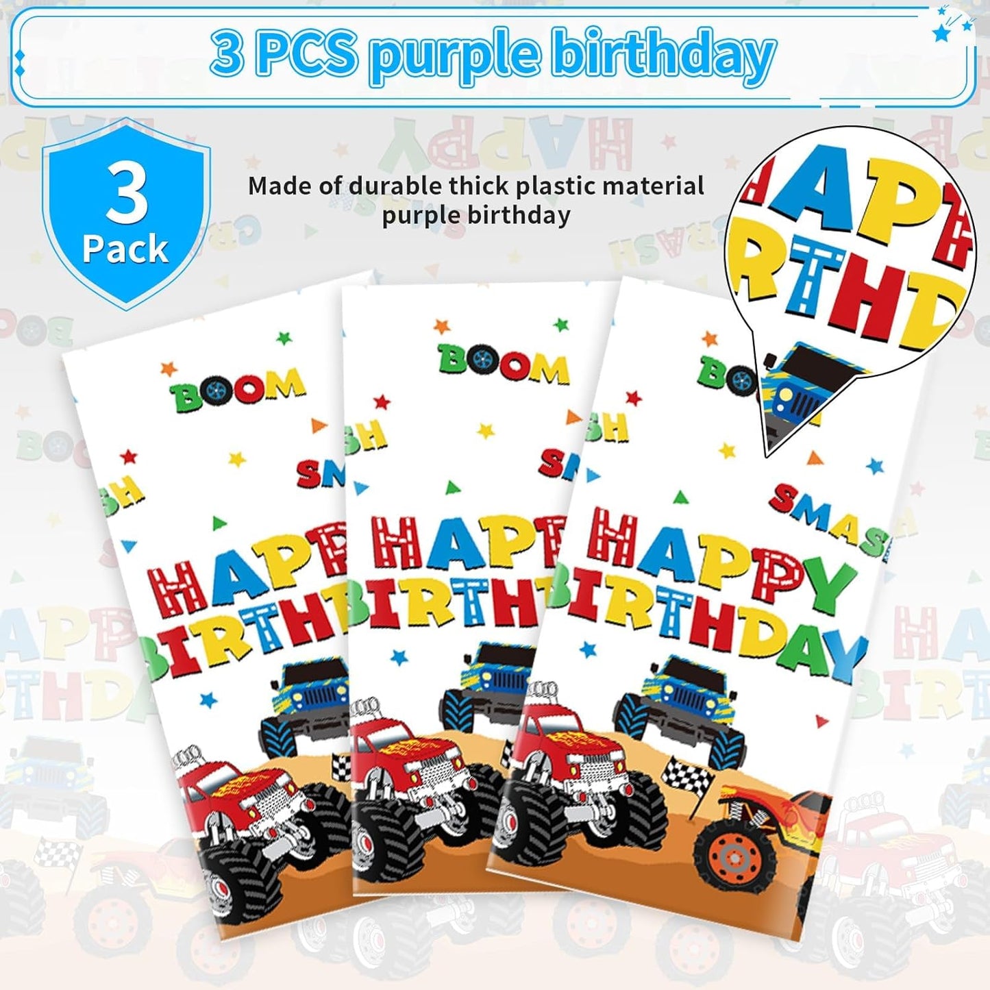 3Pcs Monster Theme Truck Birthday Tablecloth Monster Theme Jam Party Table Cover Plastic Rectangle Checkered Table Cloth Construction Truck Decorations for Kids Boys Birthday Party Supplies 54" x 108"