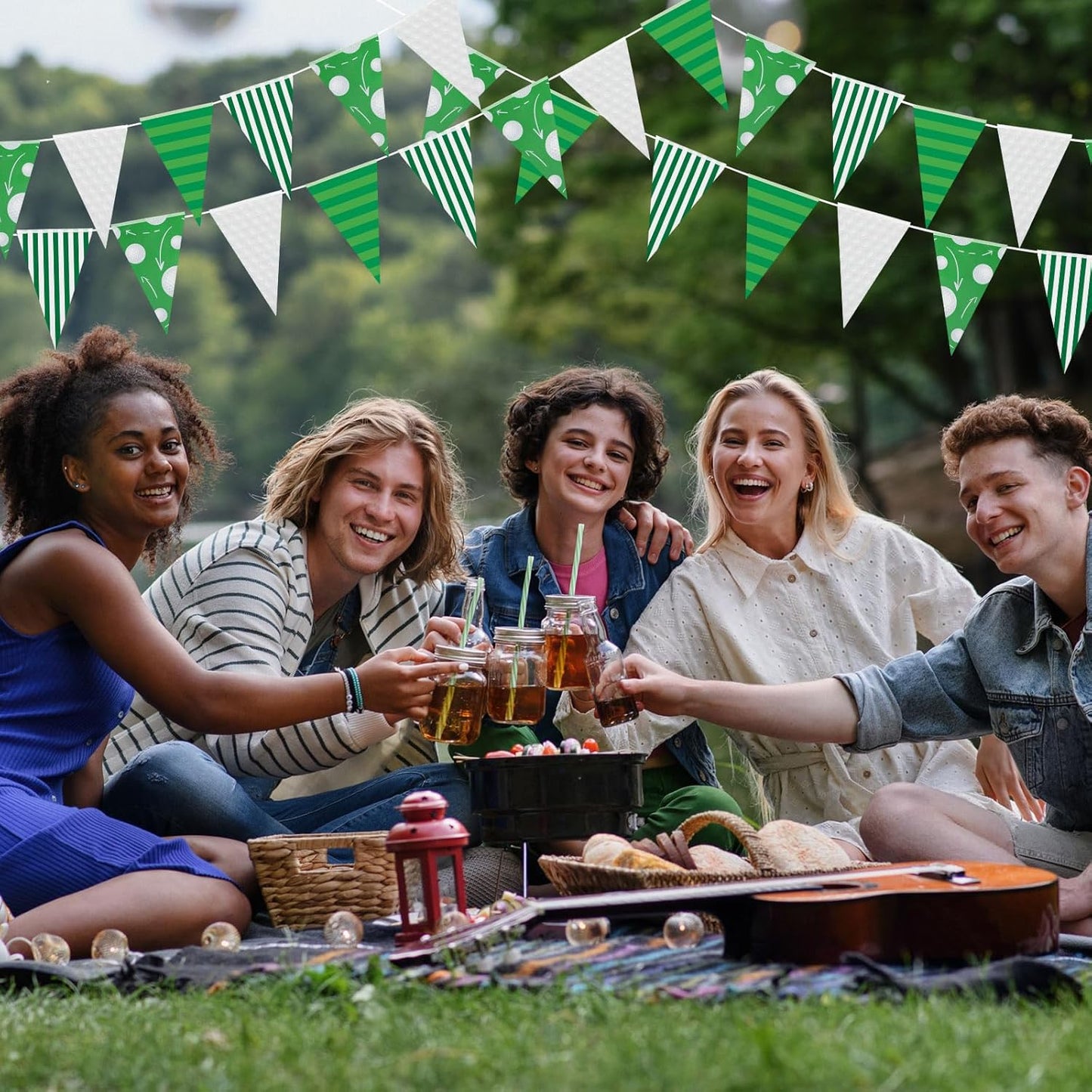 VitalCozy 4 Pcs 131 ft Golf Ball Pennant Banners Party Decorations American Golf Ball Theme Triangle Flags Garland Bunting for Birthday Camp BBQ Party Supplies Home Outdoor Hanging Decor