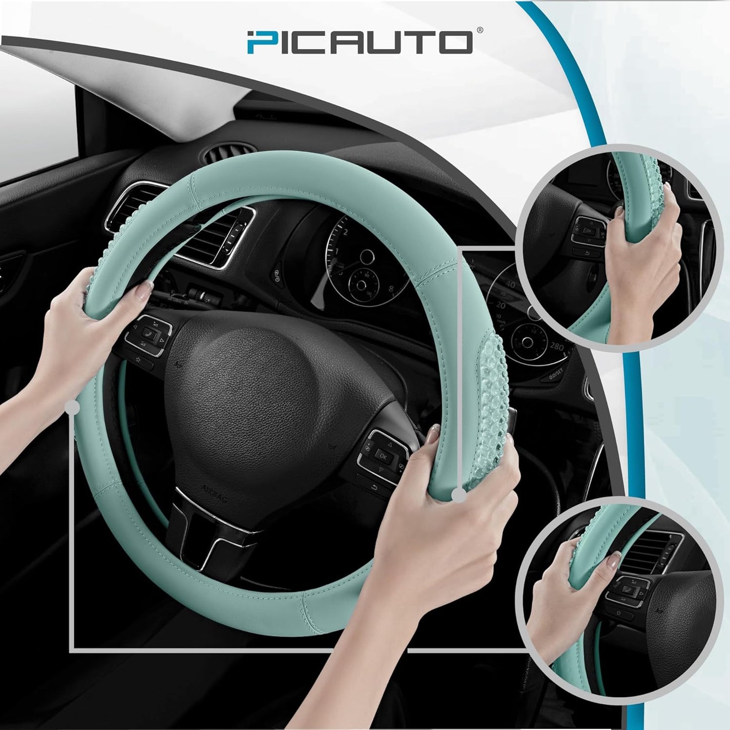 PIC AUTO Steering Wheel Cover, Glitter Gel Particles & Mint Luxury Leather Car Steering Cover, Universal Fit 14.5"-15.5" Anti-Slip Car Wheels Cover for Girls & Women