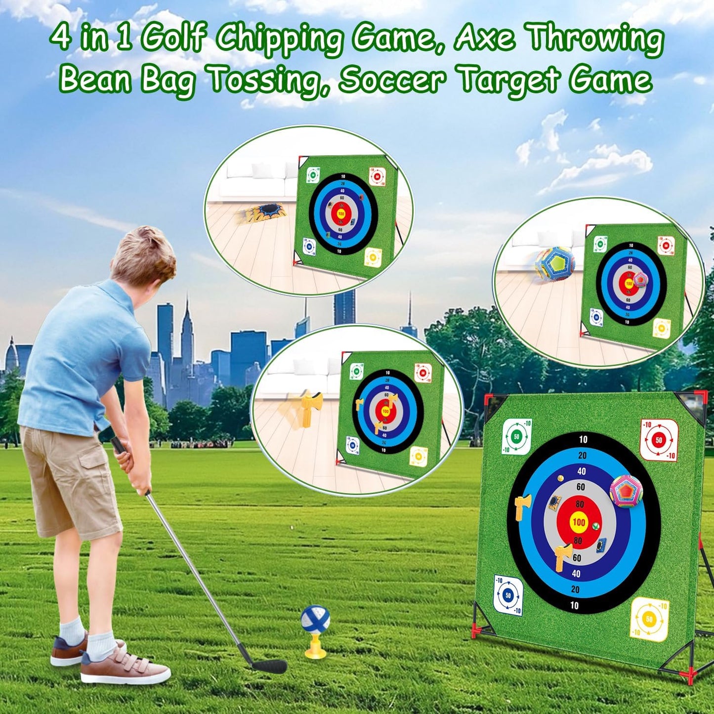 Golf Chipping Game with Stand - 4 in 1 Battle Golf Game with 16 Sticky Balls, Putting Mat, 8 Bean Bags, 2 Soccer Balls, 6 Axes, Indoor Outdoor Yard Games for Chipping Practice for Dads Golfers