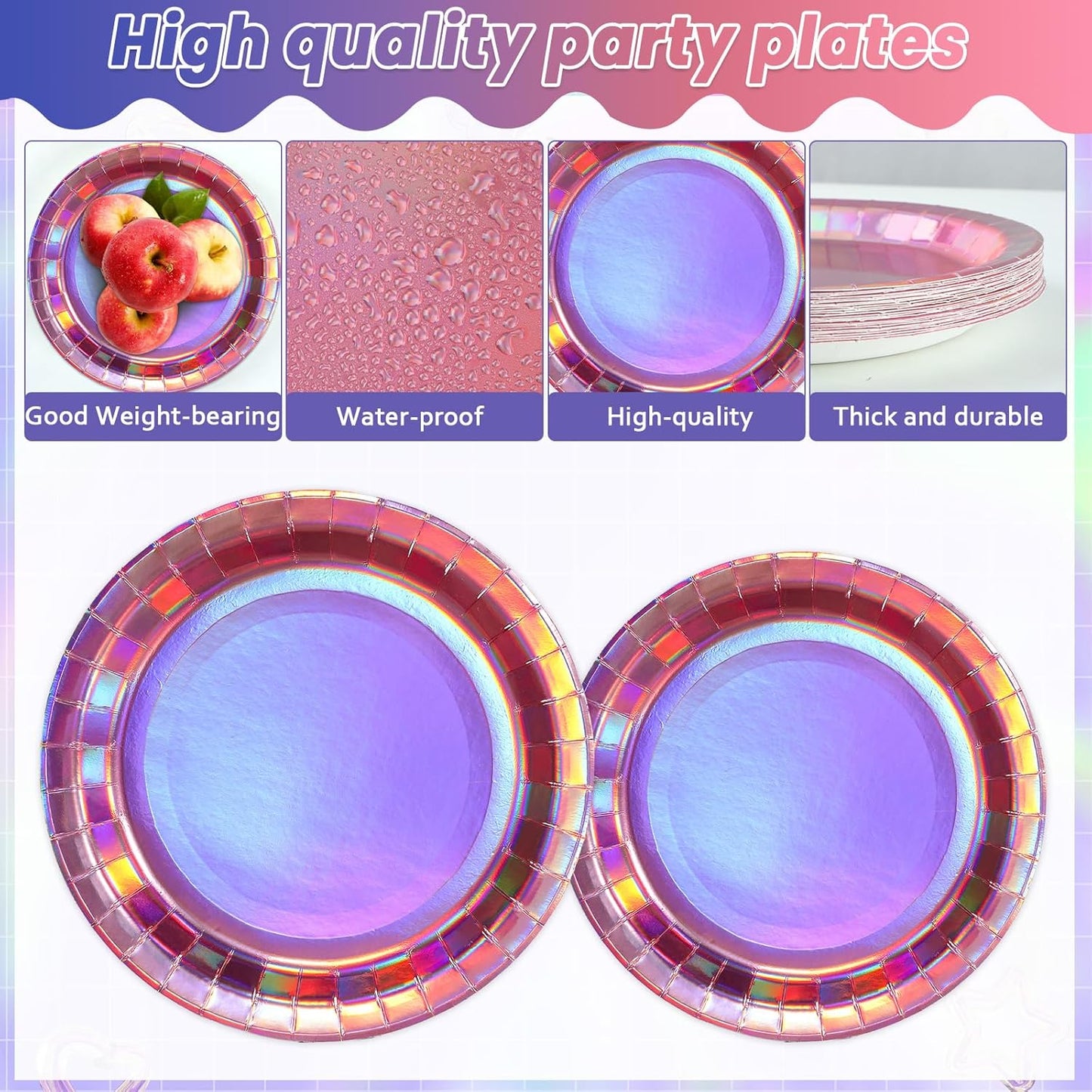 96Pcs Iridescent Pink Party Decorations Iridescent Theme Tableware Set Hot Pink Holographic Paper Plates Napkins Fork for Birthday Dinnerware Girls Women Mermaid Disco Shiny Laser Supplies 24 Guests