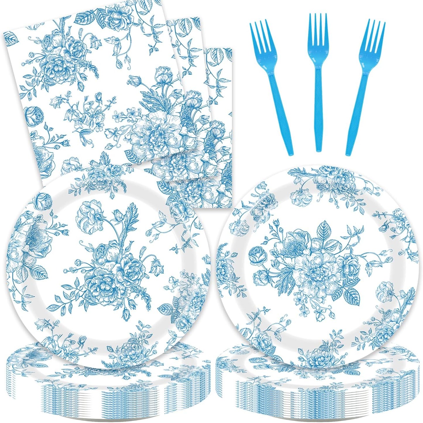 Blue Floral Birthday Decorations 48Pcs Blue and White Floral Theme Tableware Set Disposable Plates Napkins Forks Supplies for 16 Guest Baby Shower Wedding Party Decorations